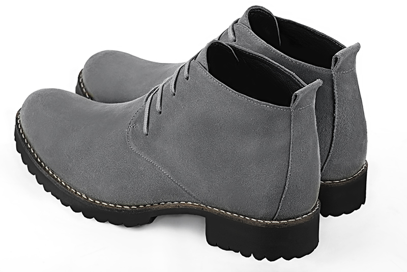 Dove grey dress ankle boots for men. Round toe. Flat rubber soles. Rear view - Florence KOOIJMAN